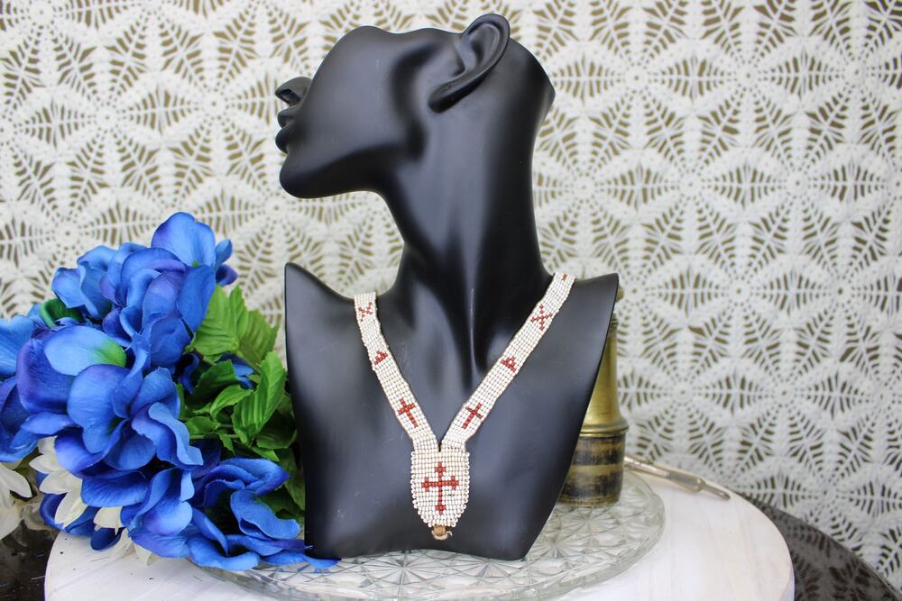 1920's Native American Beaded Cross Flapper Necklace